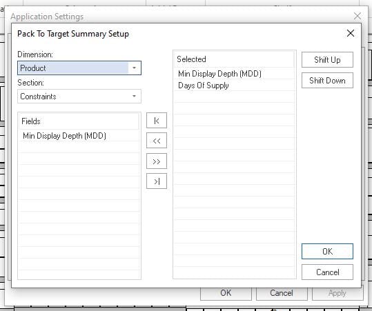 Pack To Target Summary Setup window