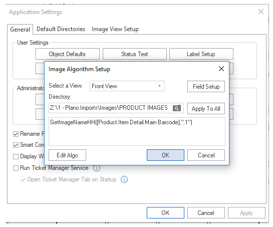 Image Algorithm Setup window